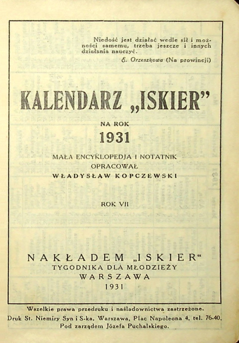 Kalendarz Iskier na rok 1931